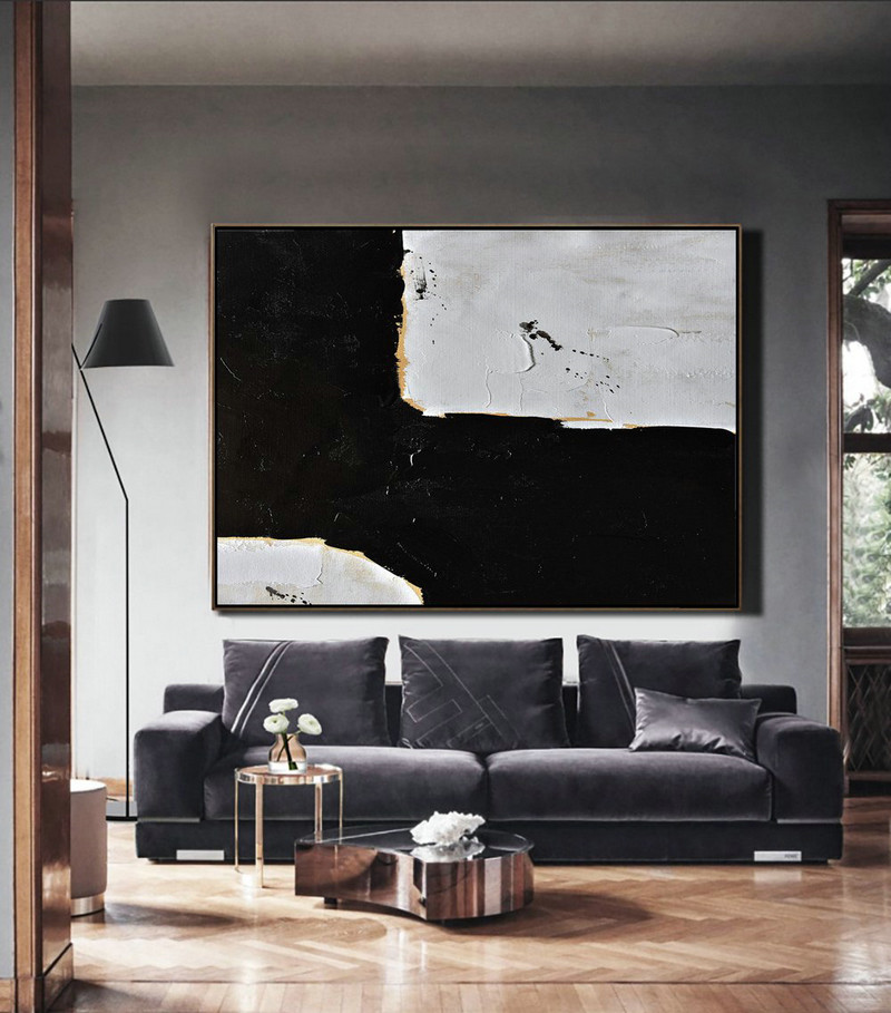 Large Oil Canvas Art,Horizontal Palette Knife Minimal Canvas Art Painting Black White Beige,Canvas Painting Wall Decor #E4S5